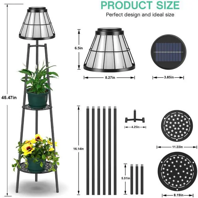 Alt view image 3 of 7 - 2 Pack Solar Floor Lamps Outdoor with 2-Tier Plant Stand, Metal Tall Planter Holder with Waterproof LED Lantern, Decorative Patio Light & Flower Pot Display Rack for Garden, Deck, Porch, Balcony