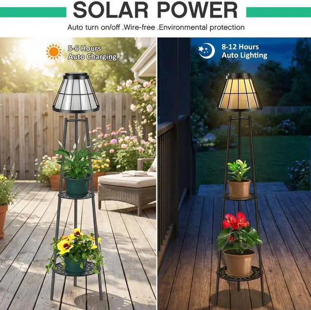 Alt view image 2 of 7 - 2 Pack Solar Floor Lamps Outdoor with 2-Tier Plant Stand, Metal Tall Planter Holder with Waterproof LED Lantern, Decorative Patio Light & Flower Pot Display Rack for Garden, Deck, Porch, Balcony