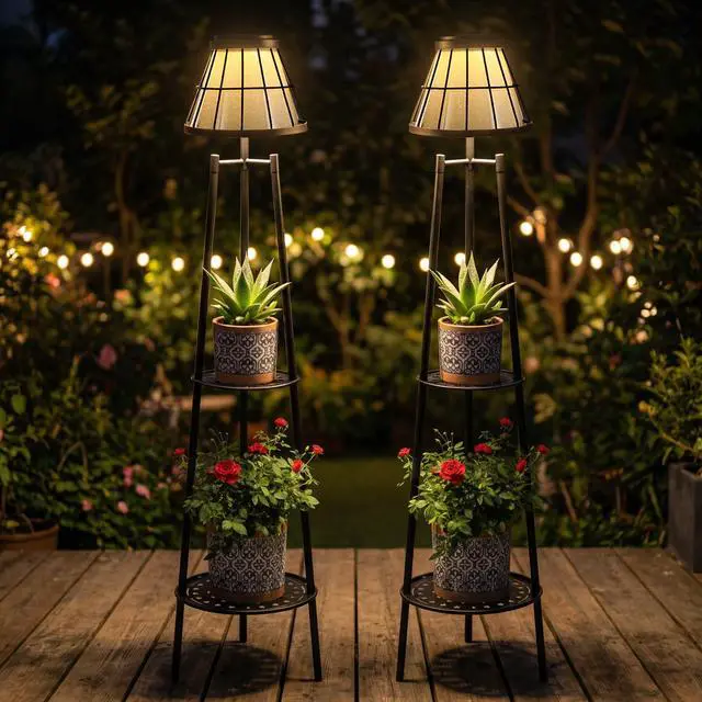 Alt view image 4 of 7 - 2 Pack Solar Floor Lamps Outdoor with 2-Tier Plant Stand, Metal Tall Planter Holder with Waterproof LED Lantern, Decorative Patio Light & Flower Pot Display Rack for Garden, Deck, Porch, Balcony