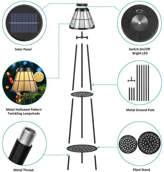 Alt view image 6 of 7 - 2 Pack Solar Floor Lamps Outdoor with 2-Tier Plant Stand, Metal Tall Planter Holder with Waterproof LED Lantern, Decorative Patio Light & Flower Pot Display Rack for Garden, Deck, Porch, Balcony