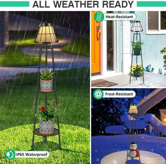 Alt view image 5 of 7 - 2 Pack Solar Floor Lamps Outdoor with 2-Tier Plant Stand, Metal Tall Planter Holder with Waterproof LED Lantern, Decorative Patio Light & Flower Pot Display Rack for Garden, Deck, Porch, Balcony