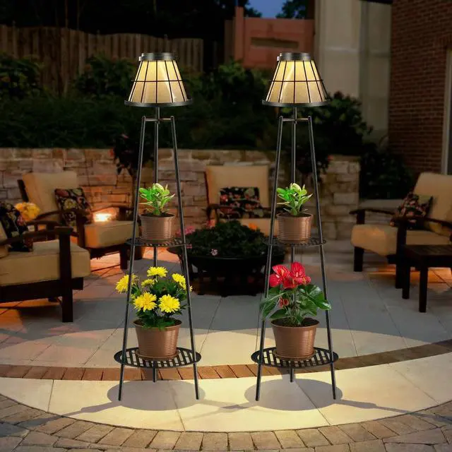 Alt view image 7 of 7 - 2 Pack Solar Floor Lamps Outdoor with 2-Tier Plant Stand, Metal Tall Planter Holder with Waterproof LED Lantern, Decorative Patio Light & Flower Pot Display Rack for Garden, Deck, Porch, Balcony