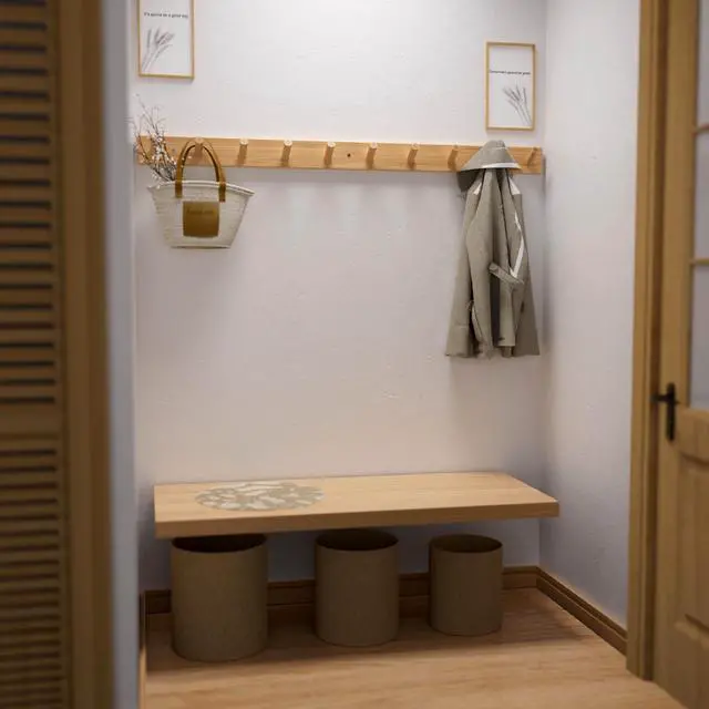 Alt view image 2 of 5 - SKOLOO Wood Coat Rack Wall Mounted,10 Peg Long Bamboo Hook for Hanging Backpack Coat Towel Hat,16'' Hole to Hole,Pack of 2,Natural