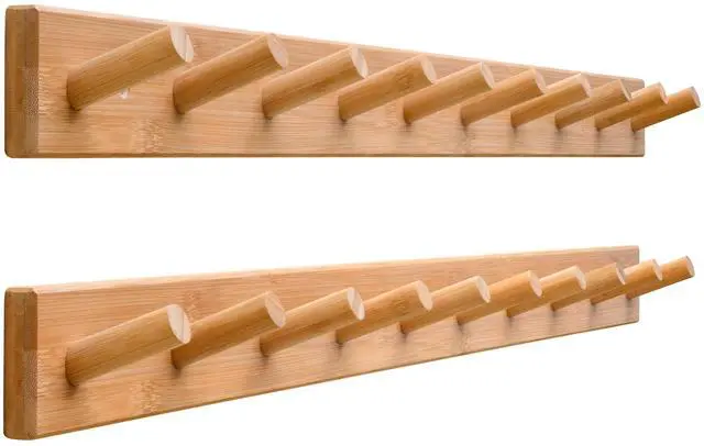 Main image of SKOLOO Wood Coat Rack Wall Mounted,10 Peg Long Bamboo Hook for Hanging Backpack Coat Towel Hat,16'' Hole to Hole,Pack of 2,Natural