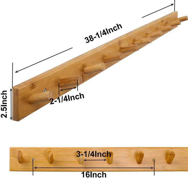 Alt view image 5 of 5 - SKOLOO Wood Coat Rack Wall Mounted,10 Peg Long Bamboo Hook for Hanging Backpack Coat Towel Hat,16'' Hole to Hole,Pack of 2,Natural