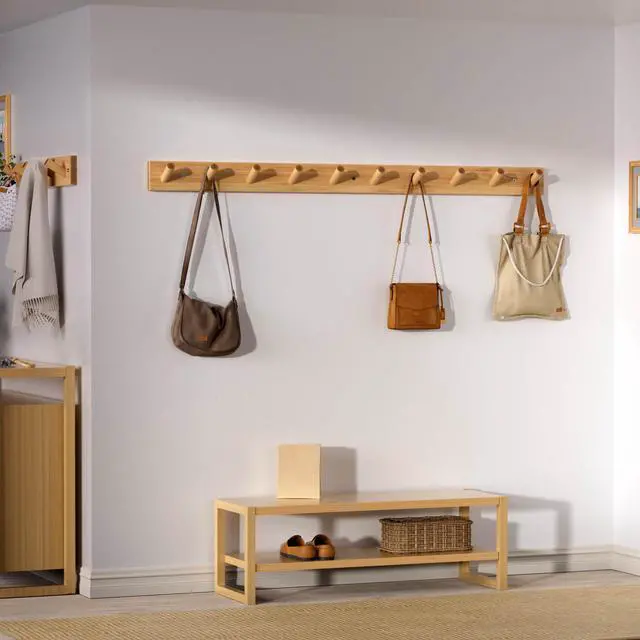 Alt view image 3 of 5 - SKOLOO Wood Coat Rack Wall Mounted,10 Peg Long Bamboo Hook for Hanging Backpack Coat Towel Hat,16'' Hole to Hole,Pack of 2,Natural