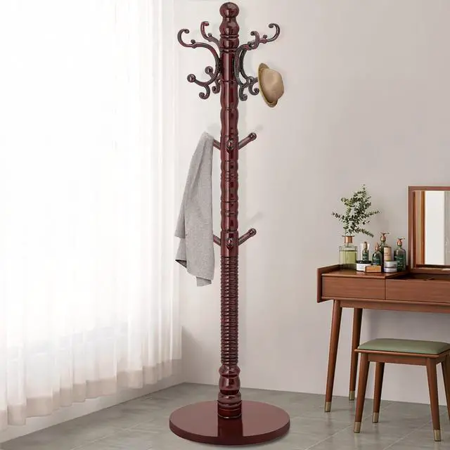 Main image of OIRUMIE Wood Coat Rack Stand, Wooden Coat Rack Freestanding with Sturdy Round Base, Vintage Coat Racks with 14 Hooks, Natural Birch Wood Entryway Coat Tree Hanger Stand Easy to Assemble