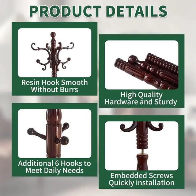 Alt view image 3 of 7 - OIRUMIE Wood Coat Rack Stand, Wooden Coat Rack Freestanding with Sturdy Round Base, Vintage Coat Racks with 14 Hooks, Natural Birch Wood Entryway Coat Tree Hanger Stand Easy to Assemble