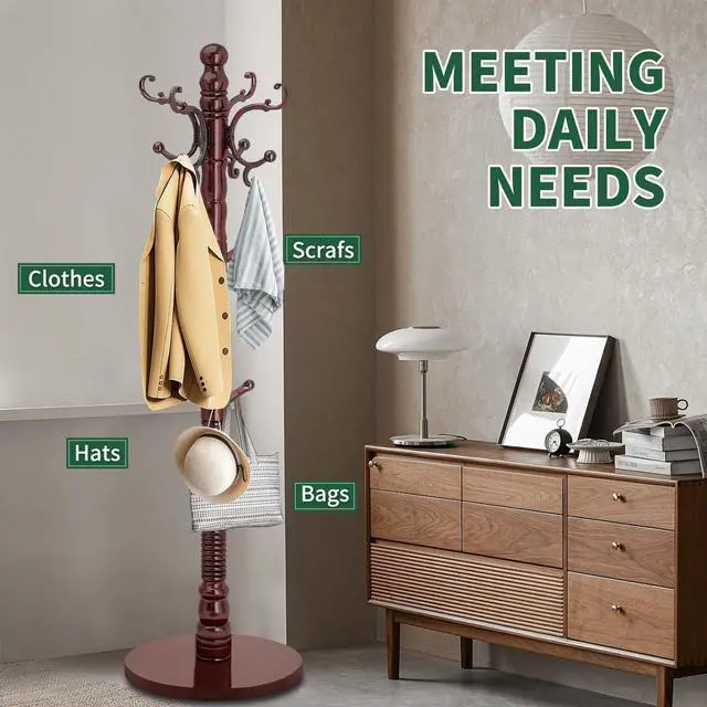 Alt view image 6 of 7 - OIRUMIE Wood Coat Rack Stand, Wooden Coat Rack Freestanding with Sturdy Round Base, Vintage Coat Racks with 14 Hooks, Natural Birch Wood Entryway Coat Tree Hanger Stand Easy to Assemble