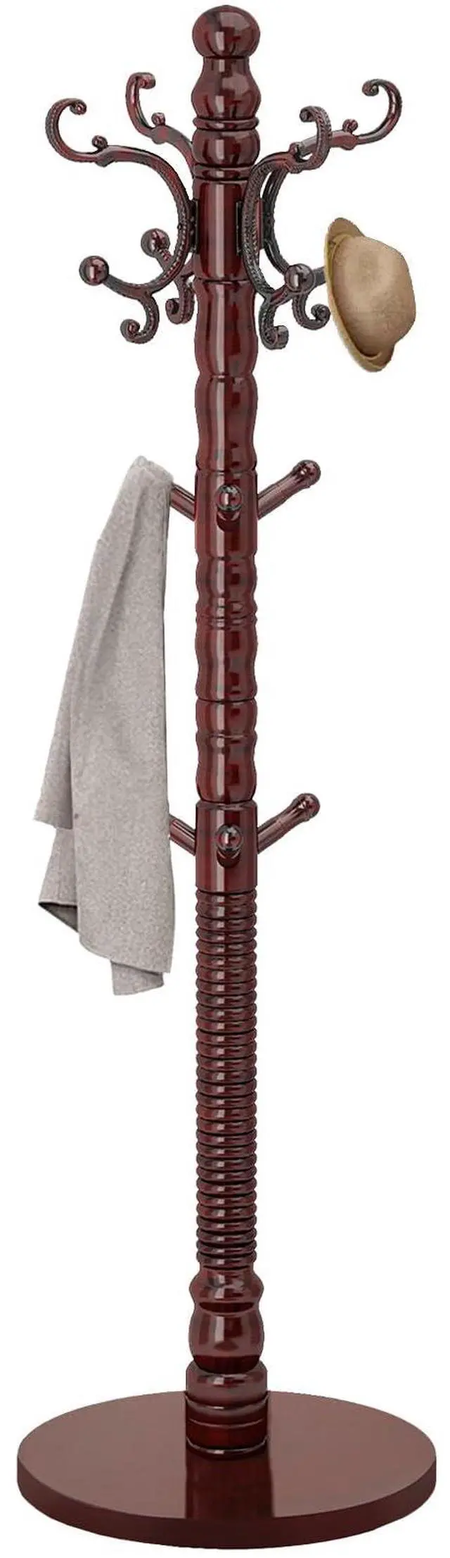 Alt view image 7 of 7 - OIRUMIE Wood Coat Rack Stand, Wooden Coat Rack Freestanding with Sturdy Round Base, Vintage Coat Racks with 14 Hooks, Natural Birch Wood Entryway Coat Tree Hanger Stand Easy to Assemble