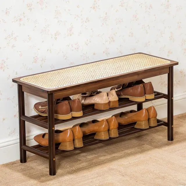 Main image of latifolia Shoe Rack Bench, 3-Tier Bamboo Shoe Bench with Breathable Rattan Seat Cushion, Shoe Storage Rack for Entryway(Walnut,31.50''L)