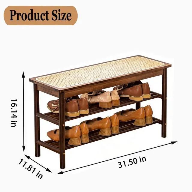 Alt view image 2 of 7 - latifolia Shoe Rack Bench, 3-Tier Bamboo Shoe Bench with Breathable Rattan Seat Cushion, Shoe Storage Rack for Entryway(Walnut,31.50''L)