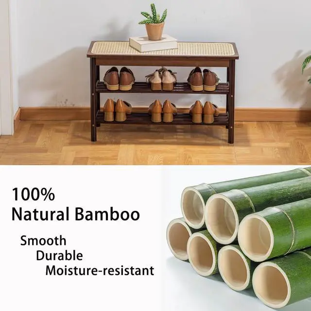 Alt view image 3 of 7 - latifolia Shoe Rack Bench, 3-Tier Bamboo Shoe Bench with Breathable Rattan Seat Cushion, Shoe Storage Rack for Entryway(Walnut,31.50''L)