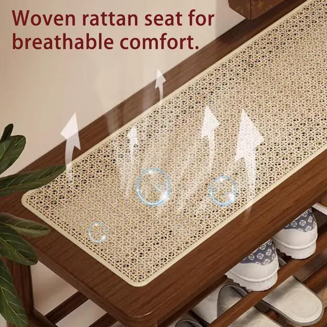 Alt view image 5 of 7 - latifolia Shoe Rack Bench, 3-Tier Bamboo Shoe Bench with Breathable Rattan Seat Cushion, Shoe Storage Rack for Entryway(Walnut,31.50''L)