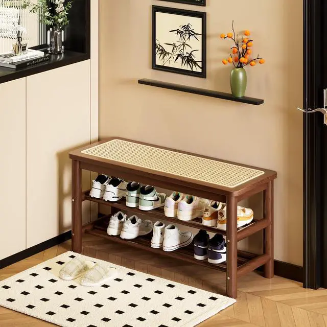 Alt view image 6 of 7 - latifolia Shoe Rack Bench, 3-Tier Bamboo Shoe Bench with Breathable Rattan Seat Cushion, Shoe Storage Rack for Entryway(Walnut,31.50''L)