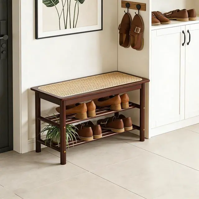 Alt view image 7 of 7 - latifolia Shoe Rack Bench, 3-Tier Bamboo Shoe Bench with Breathable Rattan Seat Cushion, Shoe Storage Rack for Entryway(Walnut,31.50''L)