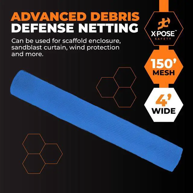 Alt view image 4 of 7 - Xpose Safety Construction Safety Netting 4' x 150', 1/4" Mesh Scaffold Safety Net, Temporary Material Roll, Visibility Fence, Heavy-Duty Fire Retardant, Blue