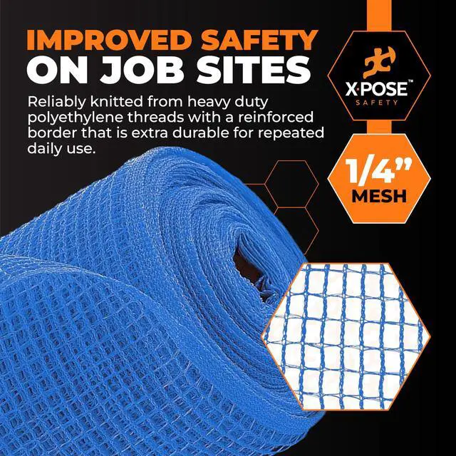 Alt view image 5 of 7 - Xpose Safety Construction Safety Netting 4' x 150', 1/4" Mesh Scaffold Safety Net, Temporary Material Roll, Visibility Fence, Heavy-Duty Fire Retardant, Blue
