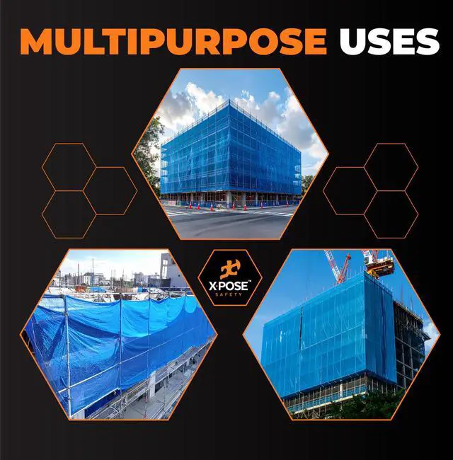 Alt view image 2 of 7 - Xpose Safety Construction Safety Netting 4' x 150', 1/4" Mesh Scaffold Safety Net, Temporary Material Roll, Visibility Fence, Heavy-Duty Fire Retardant, Blue