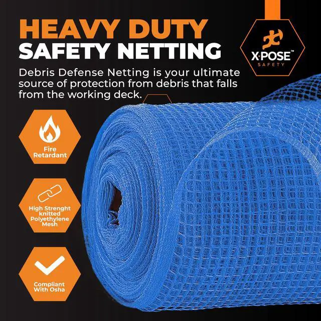 Alt view image 3 of 7 - Xpose Safety Construction Safety Netting 4' x 150', 1/4" Mesh Scaffold Safety Net, Temporary Material Roll, Visibility Fence, Heavy-Duty Fire Retardant, Blue