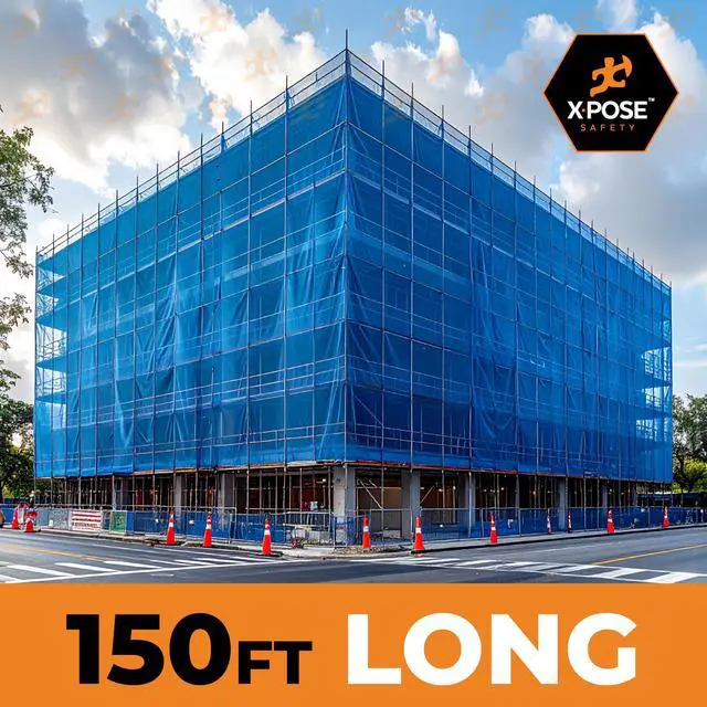 Alt view image 7 of 7 - Xpose Safety Construction Safety Netting 4' x 150', 1/4" Mesh Scaffold Safety Net, Temporary Material Roll, Visibility Fence, Heavy-Duty Fire Retardant, Blue