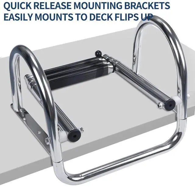Alt view image 2 of 7 - Marinebaby 3 Steps Pontoon Boat Ladder, Stainless Steel Folding Telescoping Rear Entry Inboard Ladder Heavy Duty Custom Swim Deck Ladder with Pedal Hand Railing Ladder