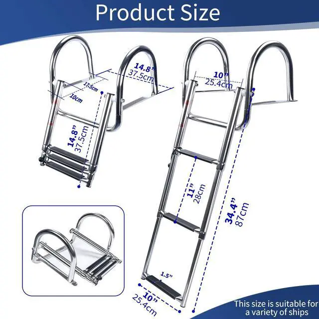 Alt view image 3 of 7 - Marinebaby 3 Steps Pontoon Boat Ladder, Stainless Steel Folding Telescoping Rear Entry Inboard Ladder Heavy Duty Custom Swim Deck Ladder with Pedal Hand Railing Ladder