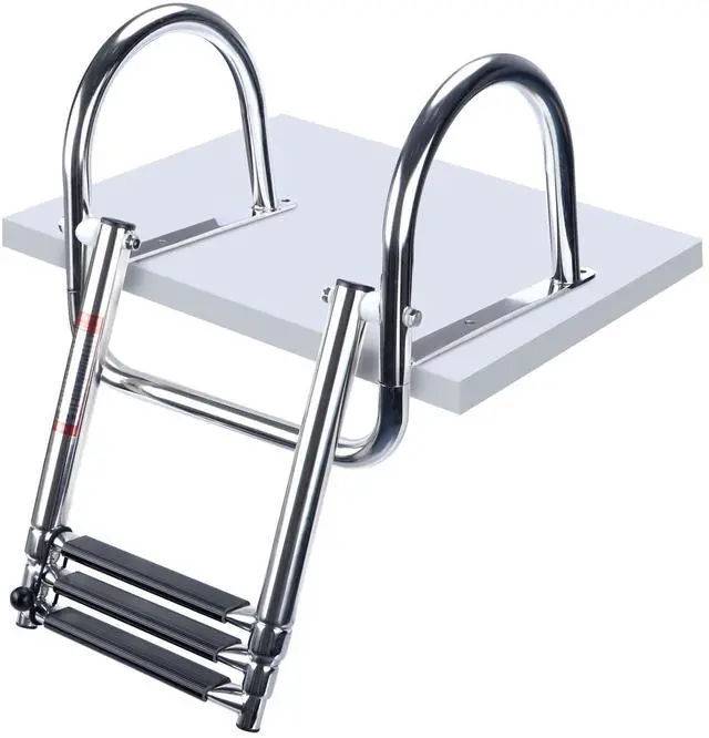Main image of Marinebaby 3 Steps Pontoon Boat Ladder, Stainless Steel Folding Telescoping Rear Entry Inboard Ladder Heavy Duty Custom Swim Deck Ladder with Pedal Hand Railing Ladder