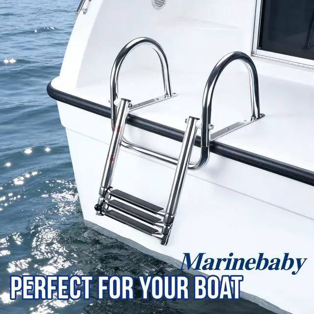 Alt view image 6 of 7 - Marinebaby 3 Steps Pontoon Boat Ladder, Stainless Steel Folding Telescoping Rear Entry Inboard Ladder Heavy Duty Custom Swim Deck Ladder with Pedal Hand Railing Ladder