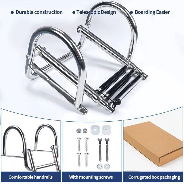 Alt view image 5 of 7 - Marinebaby 3 Steps Pontoon Boat Ladder, Stainless Steel Folding Telescoping Rear Entry Inboard Ladder Heavy Duty Custom Swim Deck Ladder with Pedal Hand Railing Ladder