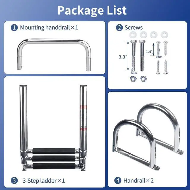 Alt view image 7 of 7 - Marinebaby 3 Steps Pontoon Boat Ladder, Stainless Steel Folding Telescoping Rear Entry Inboard Ladder Heavy Duty Custom Swim Deck Ladder with Pedal Hand Railing Ladder