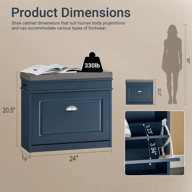 Alt view image 2 of 7 - Haotian Small Shoe Storage Bench, Narrow Shoe Cabinet Entryway with 1 Flip-Drawer and Seat Cushion, Mini Shoe Rack Hallway Entrance Mudroom, Navy Blue FSR82-K-B