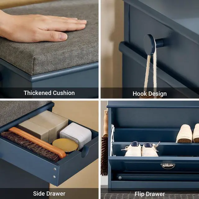 Alt view image 6 of 7 - Haotian Small Shoe Storage Bench, Narrow Shoe Cabinet Entryway with 1 Flip-Drawer and Seat Cushion, Mini Shoe Rack Hallway Entrance Mudroom, Navy Blue FSR82-K-B