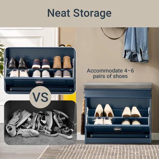 Alt view image 4 of 7 - Haotian Small Shoe Storage Bench, Narrow Shoe Cabinet Entryway with 1 Flip-Drawer and Seat Cushion, Mini Shoe Rack Hallway Entrance Mudroom, Navy Blue FSR82-K-B