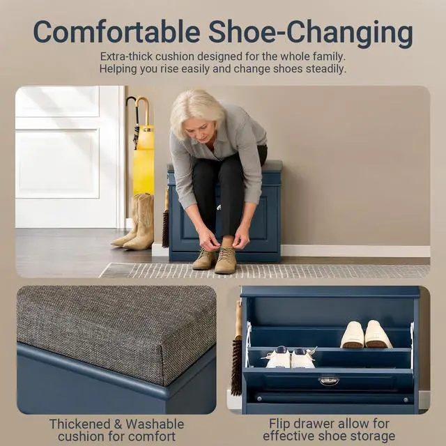 Alt view image 3 of 7 - Haotian Small Shoe Storage Bench, Narrow Shoe Cabinet Entryway with 1 Flip-Drawer and Seat Cushion, Mini Shoe Rack Hallway Entrance Mudroom, Navy Blue FSR82-K-B