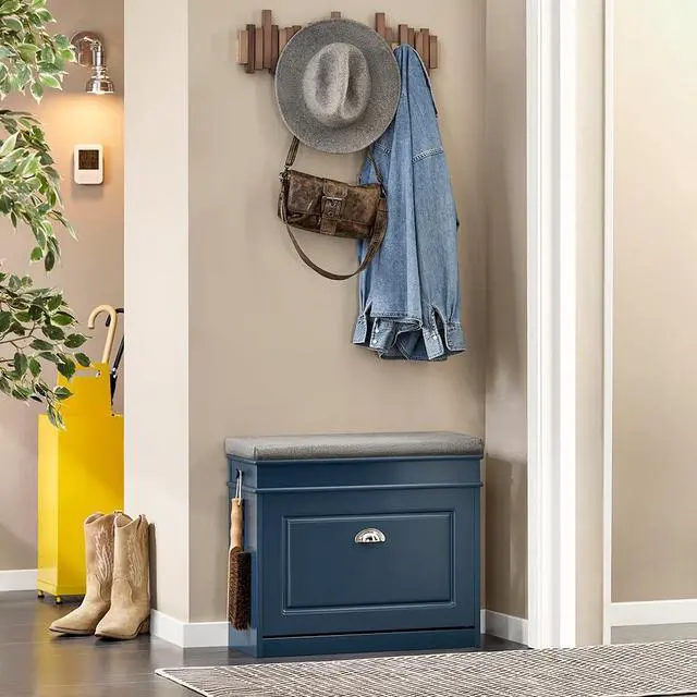Alt view image 7 of 7 - Haotian Small Shoe Storage Bench, Narrow Shoe Cabinet Entryway with 1 Flip-Drawer and Seat Cushion, Mini Shoe Rack Hallway Entrance Mudroom, Navy Blue FSR82-K-B