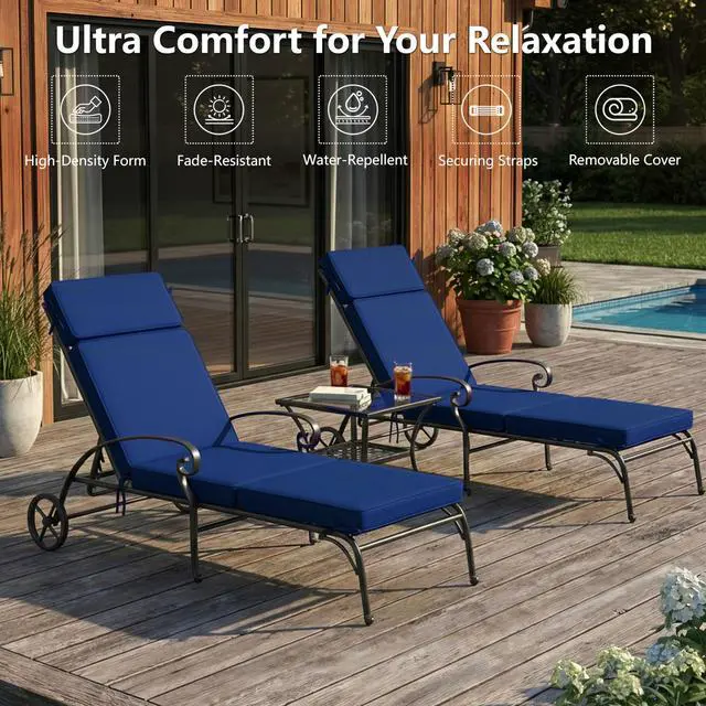 Alt view image 2 of 7 - Honorbox 72 x 21 Inch Outdoor Chaise Lounge Cushions Set of 2 - Removable Cover, 4-Section Design, Water-Repellent & Fade-Resistant, 6 Tie Straps, Replacement for Patio & Pool Chairs - Navy