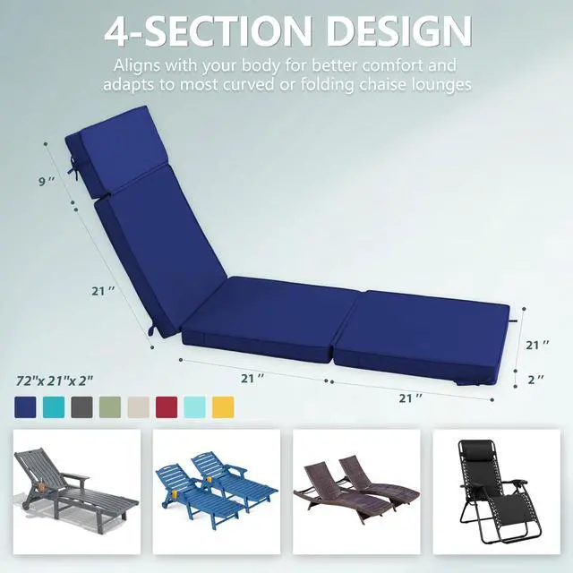 Alt view image 3 of 7 - Honorbox 72 x 21 Inch Outdoor Chaise Lounge Cushions Set of 2 - Removable Cover, 4-Section Design, Water-Repellent & Fade-Resistant, 6 Tie Straps, Replacement for Patio & Pool Chairs - Navy