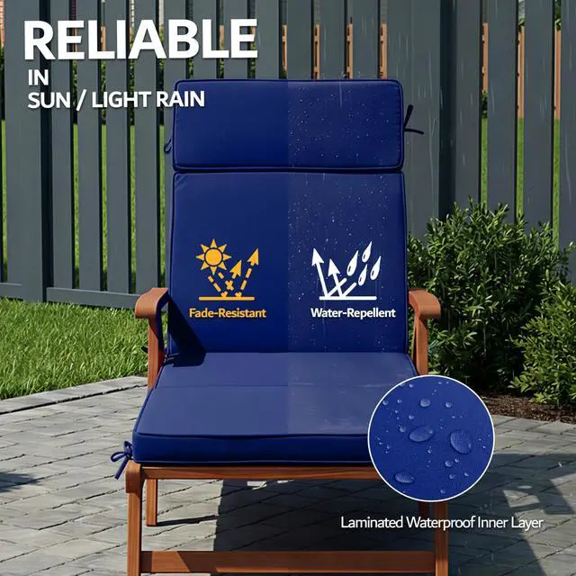 Alt view image 4 of 7 - Honorbox 72 x 21 Inch Outdoor Chaise Lounge Cushions Set of 2 - Removable Cover, 4-Section Design, Water-Repellent & Fade-Resistant, 6 Tie Straps, Replacement for Patio & Pool Chairs - Navy