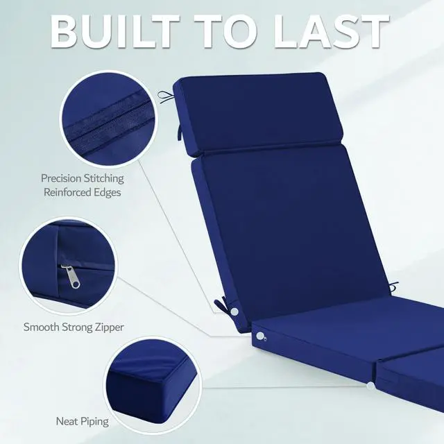 Alt view image 7 of 7 - Honorbox 72 x 21 Inch Outdoor Chaise Lounge Cushions Set of 2 - Removable Cover, 4-Section Design, Water-Repellent & Fade-Resistant, 6 Tie Straps, Replacement for Patio & Pool Chairs - Navy
