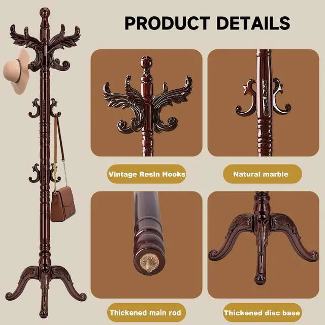 Alt view image 2 of 7 - Waavryee Wooden Coat Rack Stand, Natural Birch Wood Coat Rack Freestanding with Triangular Base, Sturdy Solid Wood Coat Racks with 14 Hooks, Vintage Coat Hall Clothes Tree for Entryway, Office, Corner