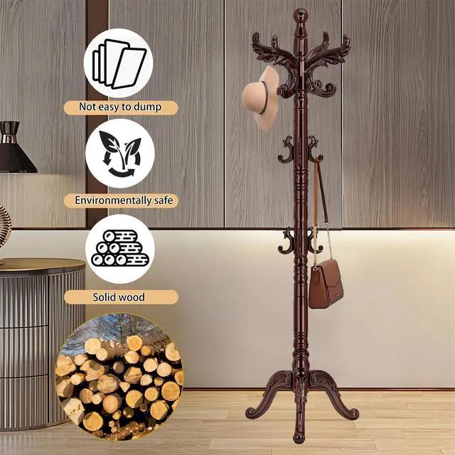Alt view image 5 of 7 - Waavryee Wooden Coat Rack Stand, Natural Birch Wood Coat Rack Freestanding with Triangular Base, Sturdy Solid Wood Coat Racks with 14 Hooks, Vintage Coat Hall Clothes Tree for Entryway, Office, Corner