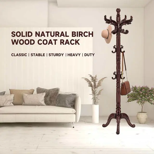 Alt view image 6 of 7 - Waavryee Wooden Coat Rack Stand, Natural Birch Wood Coat Rack Freestanding with Triangular Base, Sturdy Solid Wood Coat Racks with 14 Hooks, Vintage Coat Hall Clothes Tree for Entryway, Office, Corner