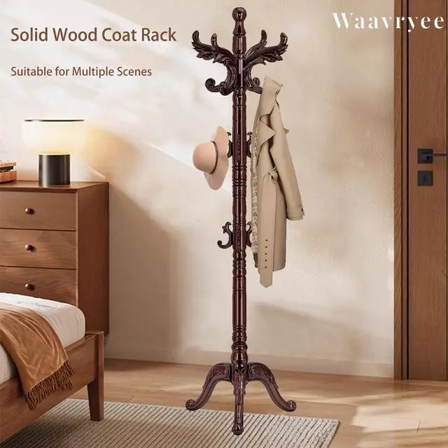 Alt view image 7 of 7 - Waavryee Wooden Coat Rack Stand, Natural Birch Wood Coat Rack Freestanding with Triangular Base, Sturdy Solid Wood Coat Racks with 14 Hooks, Vintage Coat Hall Clothes Tree for Entryway, Office, Corner
