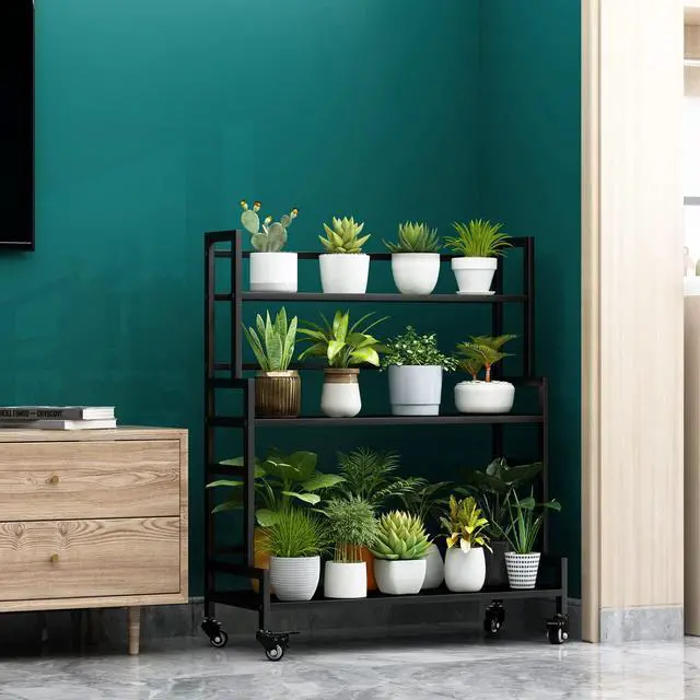 Alt view image 5 of 6 - YIZAIJIA Plant Stand Indoor 3 Tier Metal Outdoor Tiered Stands Shelf With wheel for Multiple Plants Potted Ladder Plant Holder Table Plant Pot Stand for Window Garden Balcony Living Room 3 Tier-Black