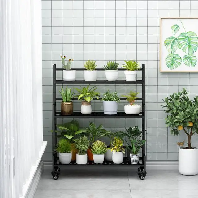 Alt view image 4 of 6 - YIZAIJIA Plant Stand Indoor 3 Tier Metal Outdoor Tiered Stands Shelf With wheel for Multiple Plants Potted Ladder Plant Holder Table Plant Pot Stand for Window Garden Balcony Living Room 3 Tier-Black