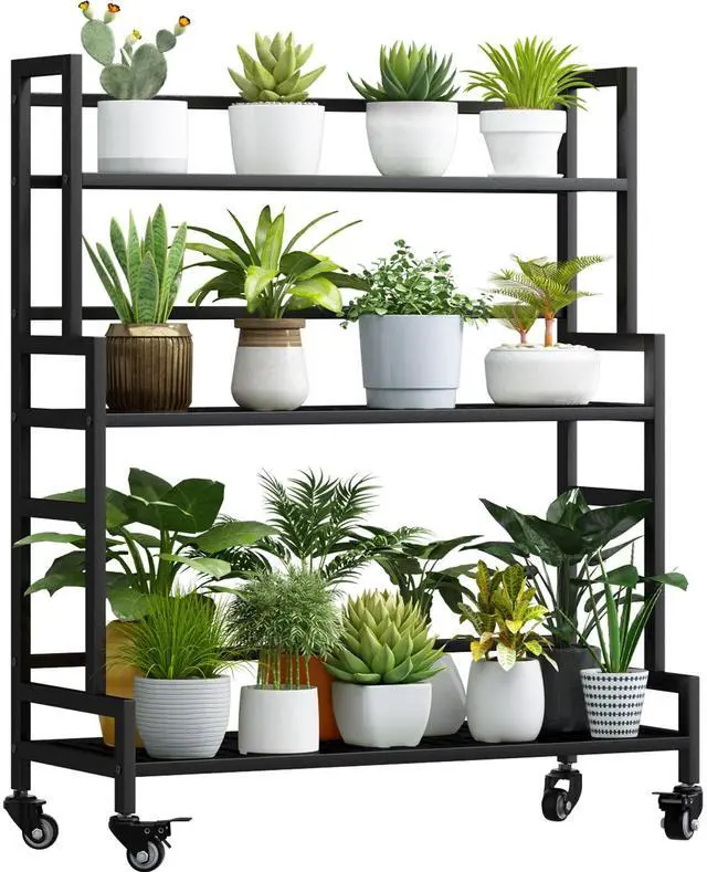 Main image of YIZAIJIA Plant Stand Indoor 3 Tier Metal Outdoor Tiered Stands Shelf With wheel for Multiple Plants Potted Ladder Plant Holder Table Plant Pot Stand for Window Garden Balcony Living Room 3 Tier-Black