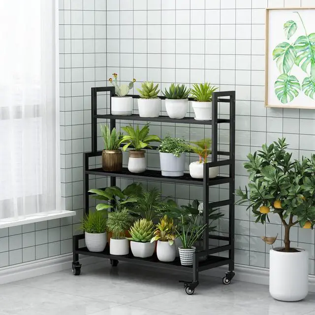 Alt view image 2 of 6 - YIZAIJIA Plant Stand Indoor 3 Tier Metal Outdoor Tiered Stands Shelf With wheel for Multiple Plants Potted Ladder Plant Holder Table Plant Pot Stand for Window Garden Balcony Living Room 3 Tier-Black