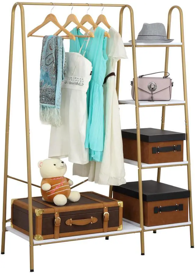 Main image of Finnhomy Clothes Rack, Clothing Rack for Hanging Clothes Heavy Duty Garment Rack with 5 Wood Shelves Freestanding Portable Closet Organizer for Bedroom/Entryway/BoutiquesGold