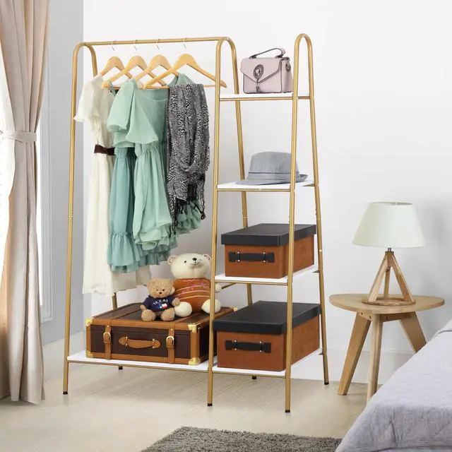Alt view image 2 of 7 - Finnhomy Clothes Rack, Clothing Rack for Hanging Clothes Heavy Duty Garment Rack with 5 Wood Shelves Freestanding Portable Closet Organizer for Bedroom/Entryway/BoutiquesGold